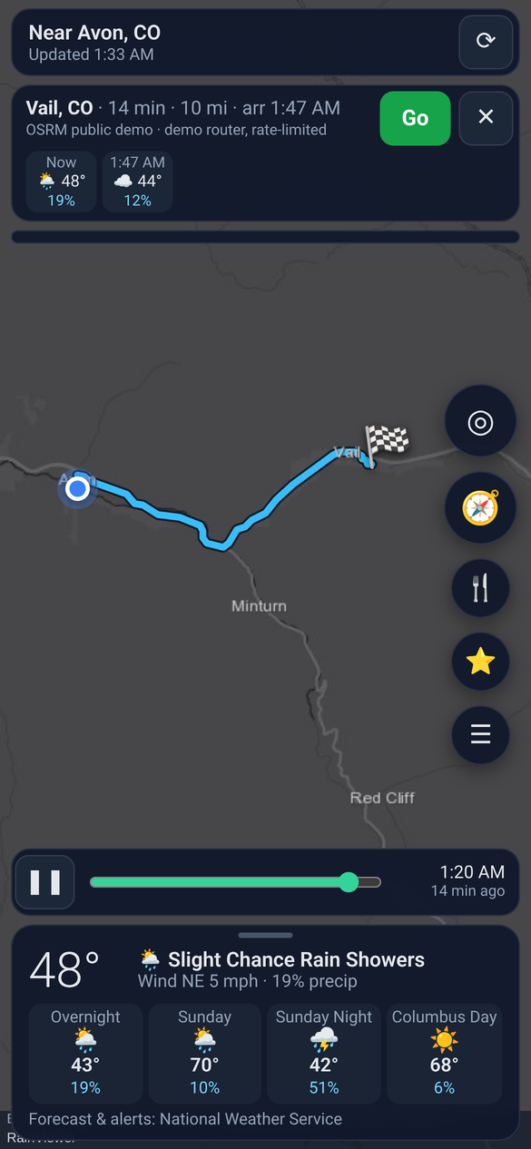 Route preview with weather along the way